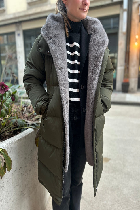 Khaki parka coat with removable saphire fur