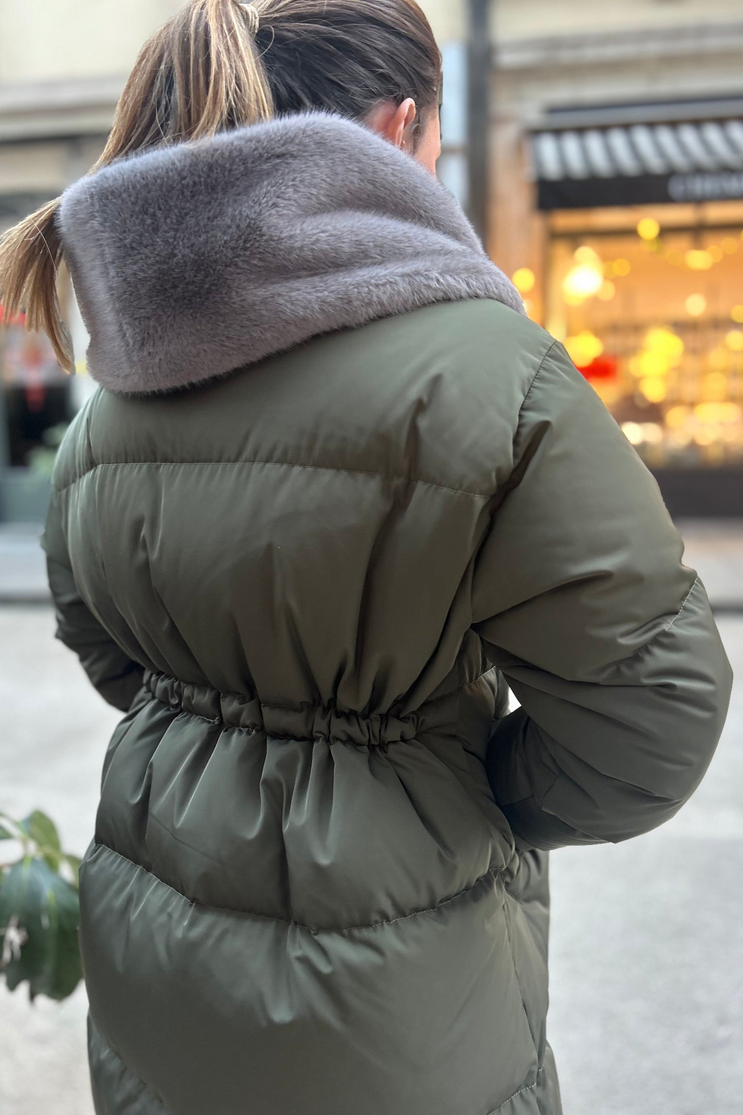 Khaki parka coat with removable saphire fur
