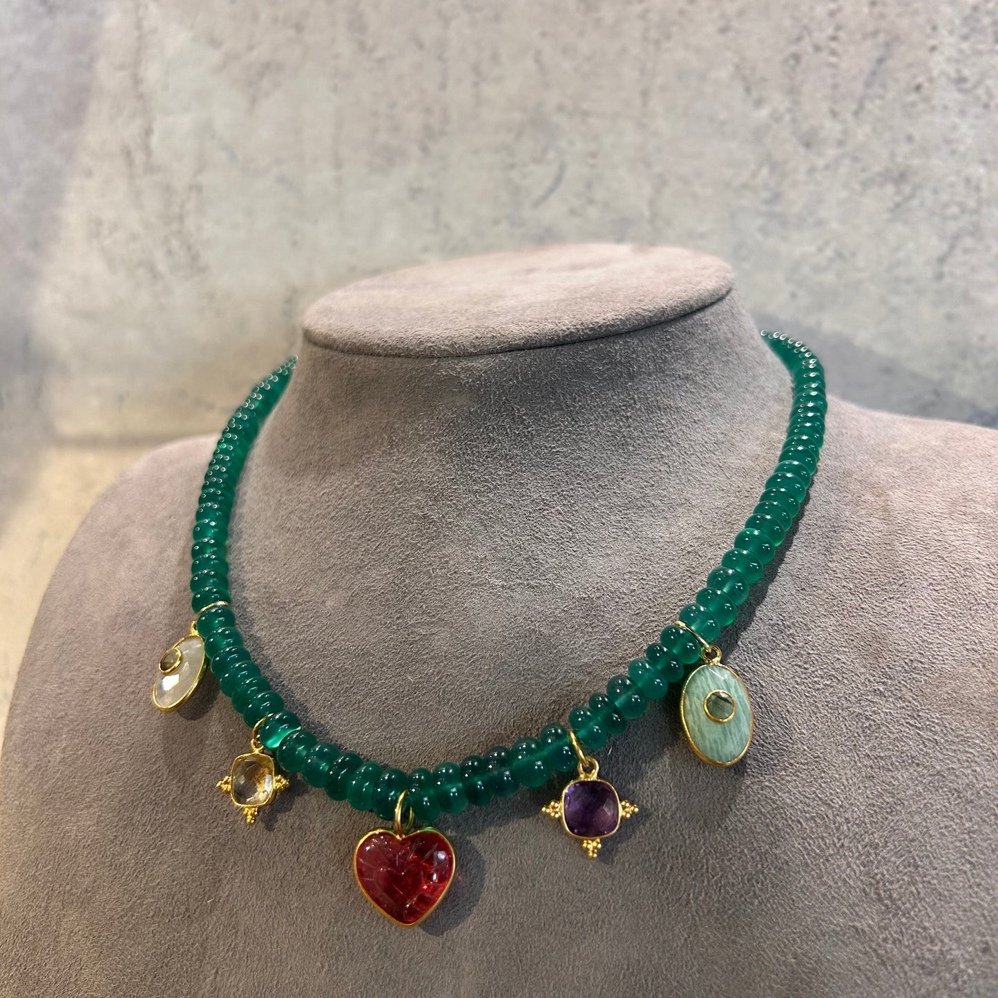 Green agate Necklace with Charms - 41 cm