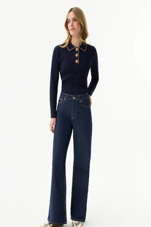 Pullover with buttoned polo collar