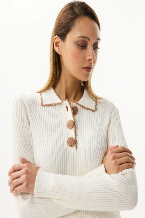 Pullover with buttoned polo collar - White