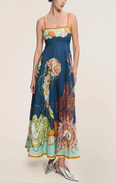 Italian Navy print Flax Maxi Dress - Multi Color