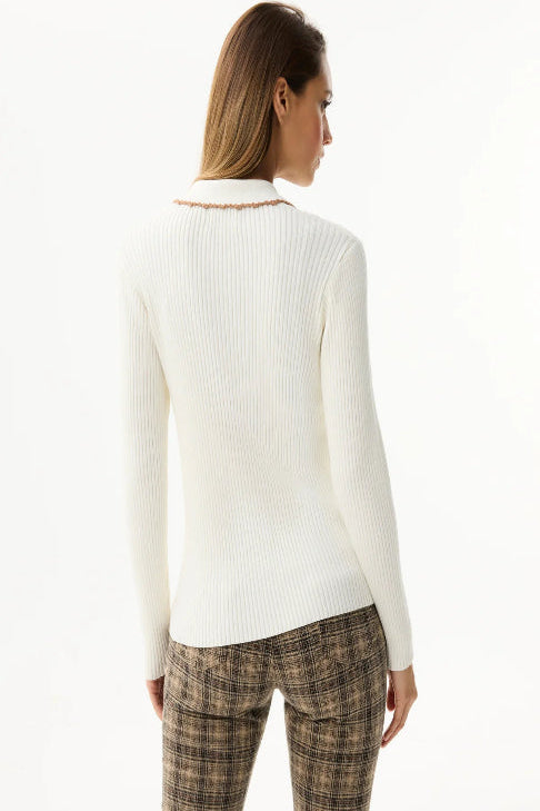 Pullover with buttoned polo collar - White