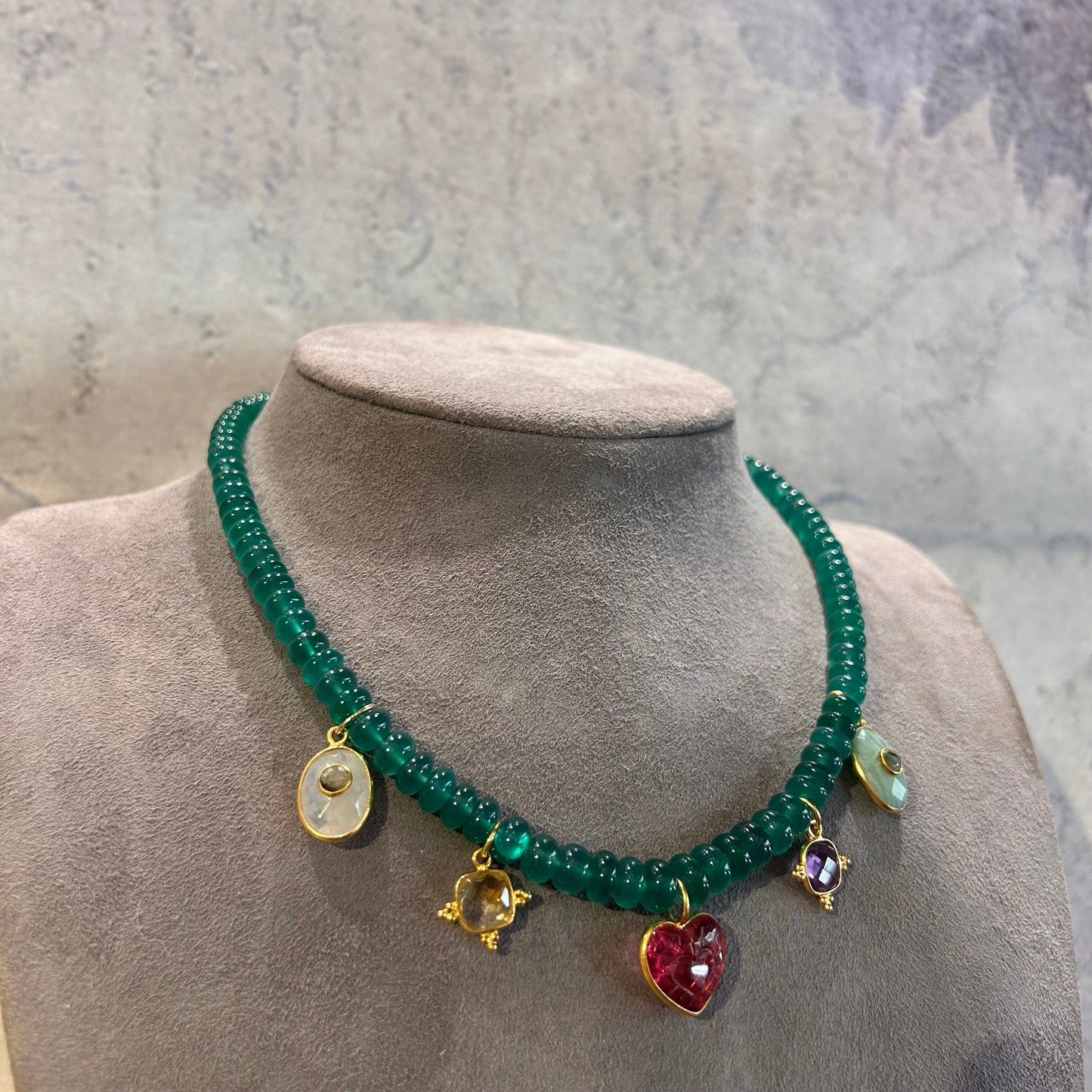 Green agate Necklace with Charms - 41 cm