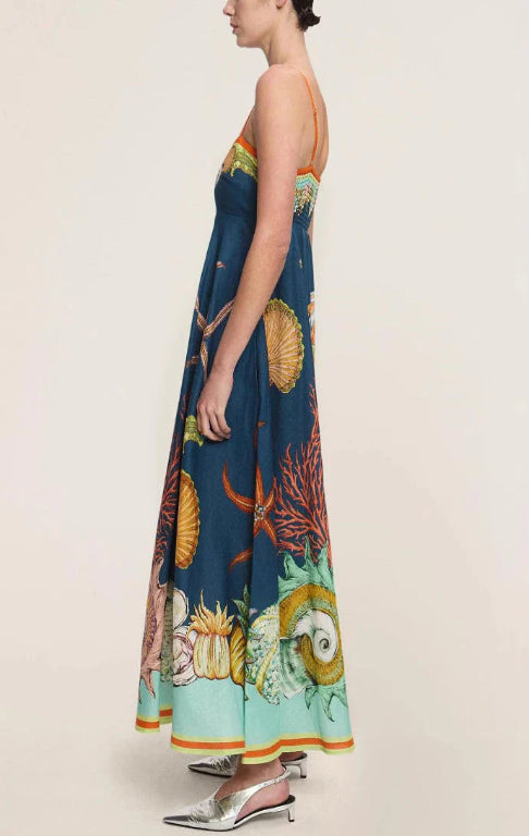 Italian Navy print Flax Maxi Dress - Multi Color