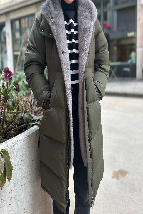 Khaki parka coat with removable saphire fur