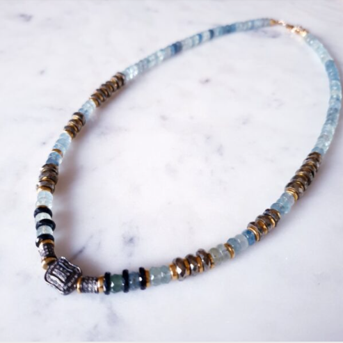 Indila black diamond, acquamarine, pyrites, black spinels necklace - 45 cm