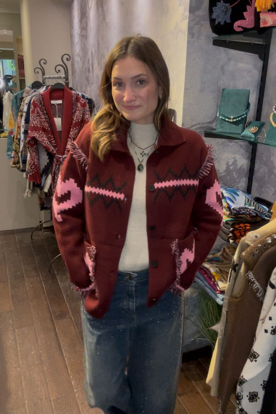 Burgundy jacket embroidered with a Pink heart