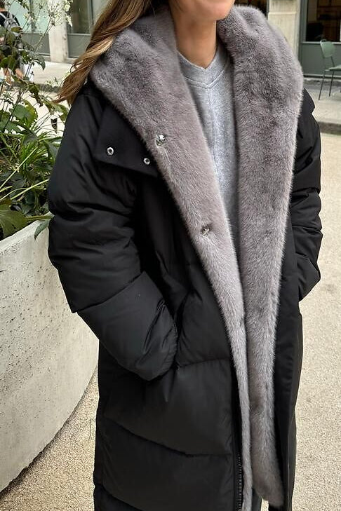 Black parka coat with removable saphire fur
