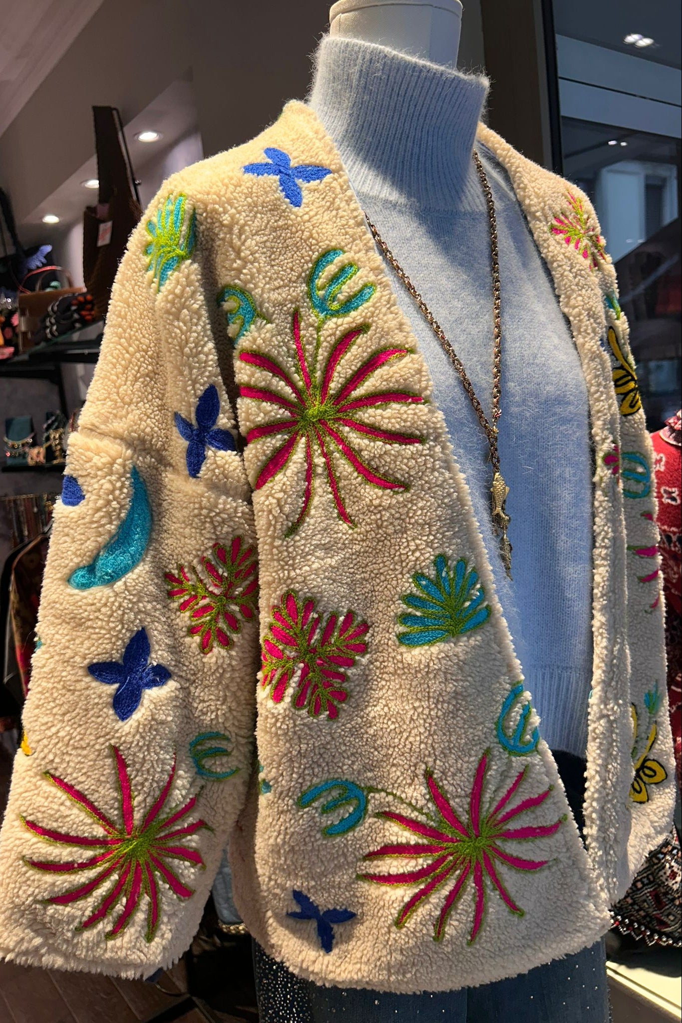 Embroidered shearling-style jacket