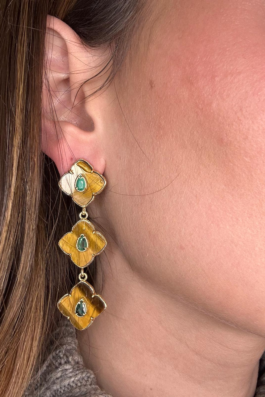Tiger's eye & malachite Clover Drop Earrings