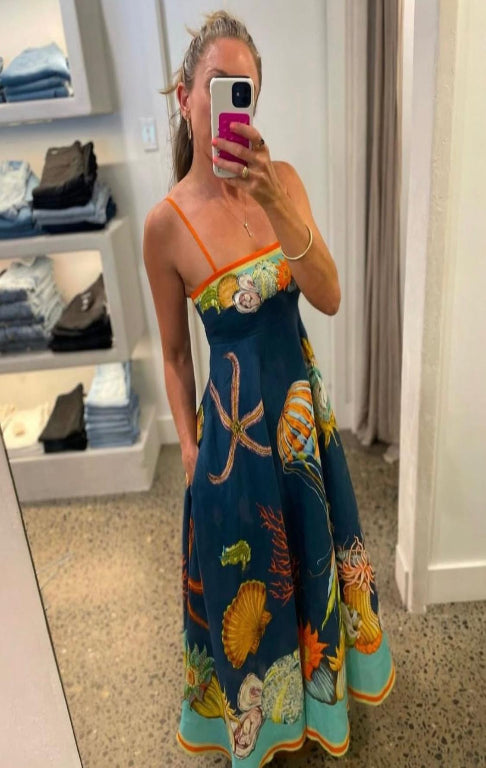 Italian Navy print Flax Maxi Dress - Multi Color
