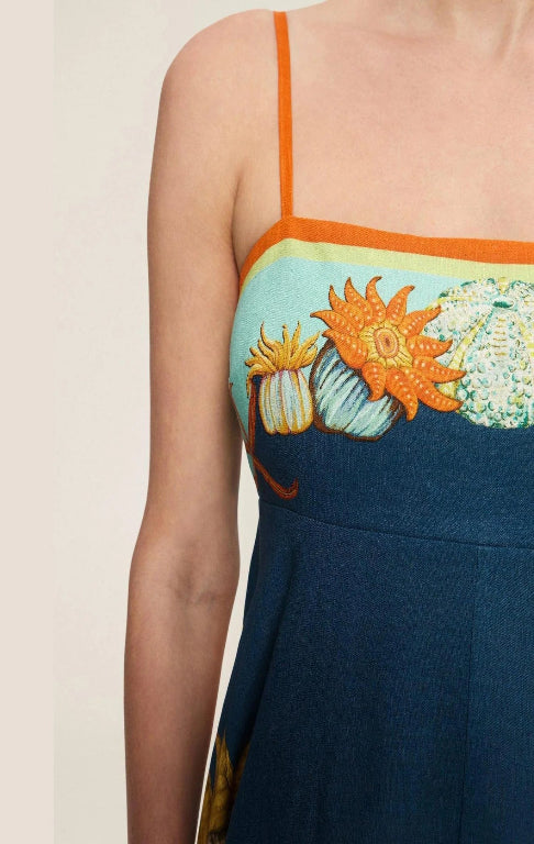 Italian Navy print Flax Maxi Dress - Multi Color