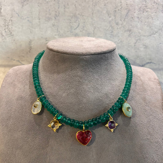 Green agate Necklace with Charms - 41 cm