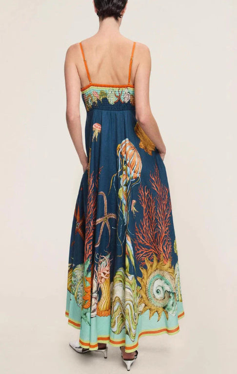 Italian Navy print Flax Maxi Dress - Multi Color