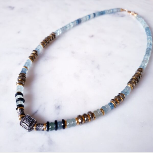 Indila black diamond, acquamarine, pyrites, black spinels necklace