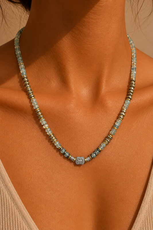 Indila black diamond, acquamarine, pyrites, black spinels necklace - 45 cm