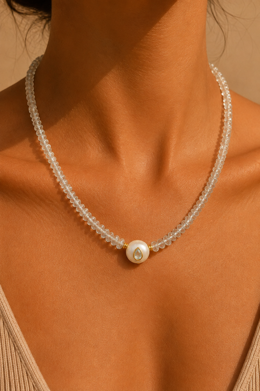 Aquamarine necklace and freshwater pearl set with bleu topaz - 41 cm