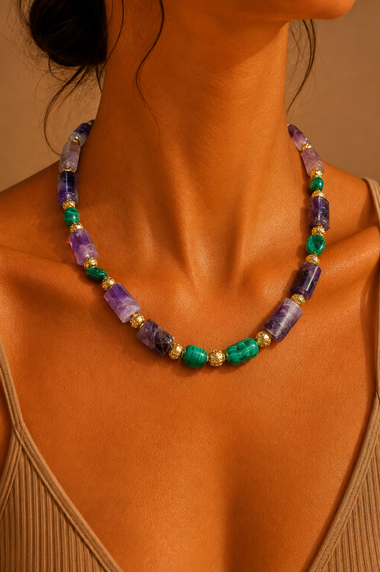 Amethyst and Malachite necklace - 44 cm