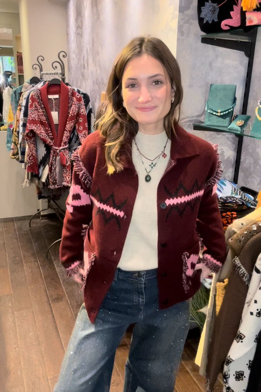 Burgundy jacket embroidered with a Pink heart