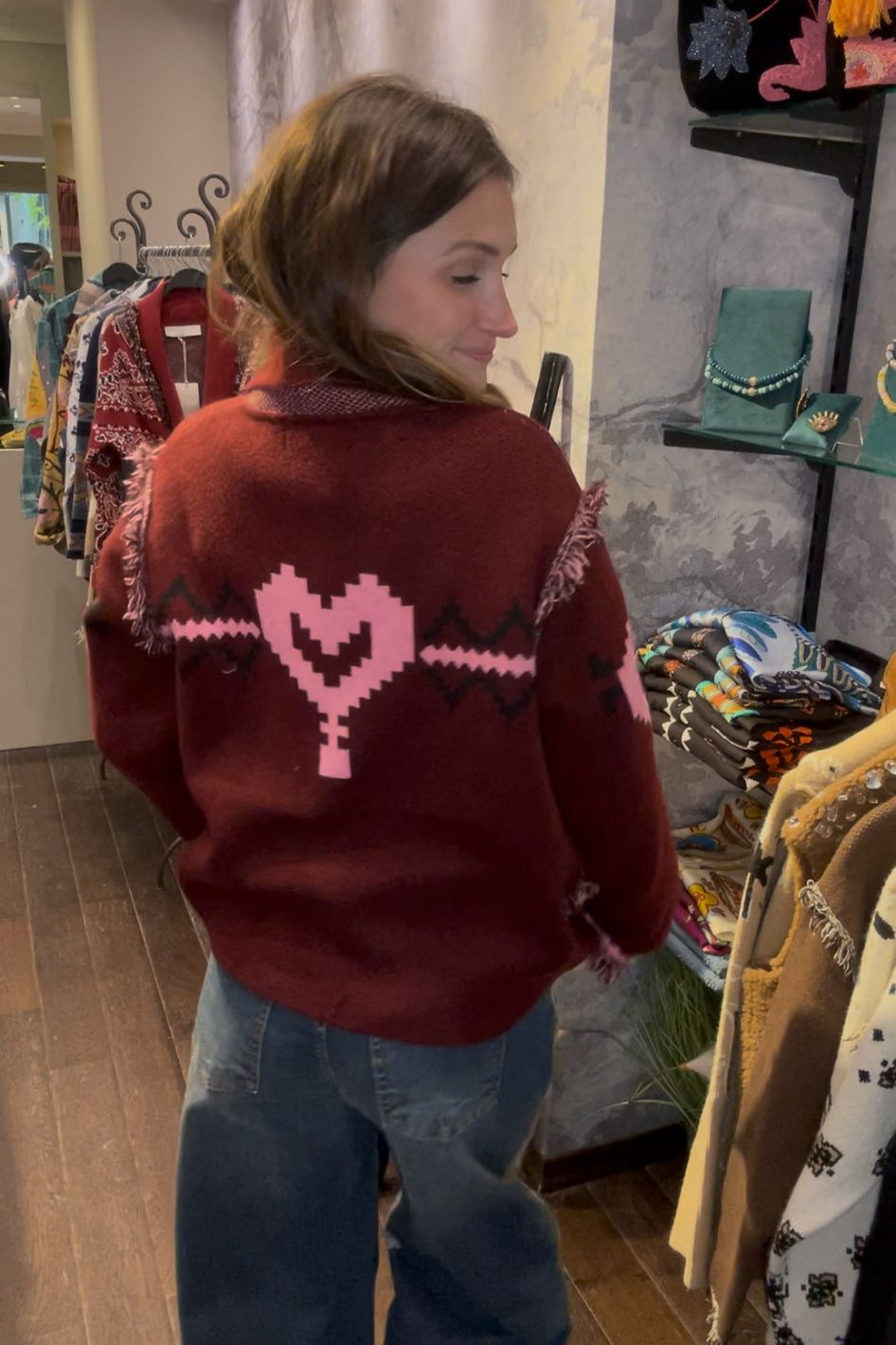 Burgundy jacket embroidered with a Pink heart