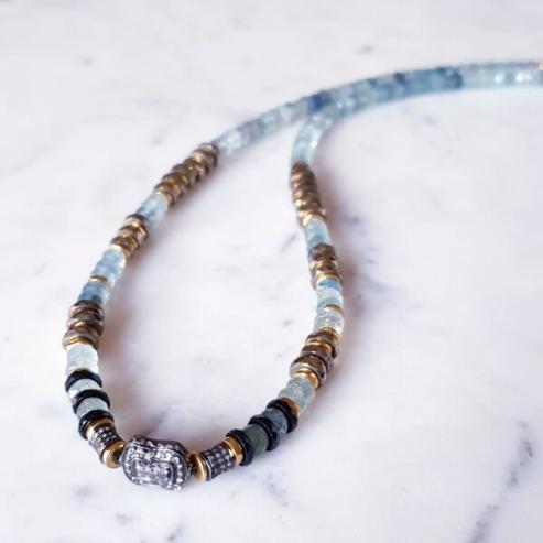 Indila black diamond, acquamarine, pyrites, black spinels necklace