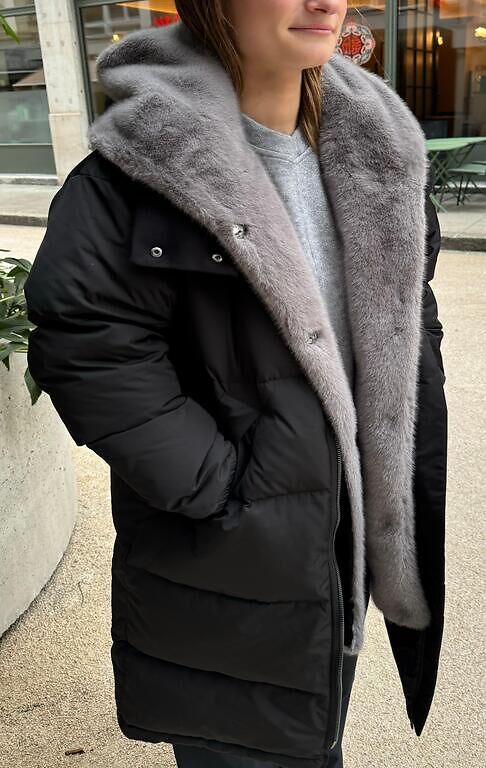 Black parka coat with removable saphire fur