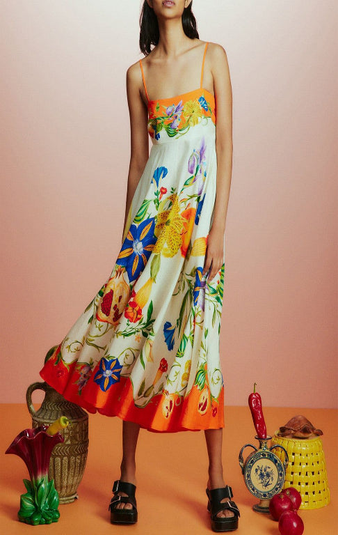 Flores Printed Flax Maxi Dress - Multicoloured