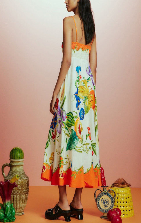 Flores Printed Flax Maxi Dress - Multicoloured