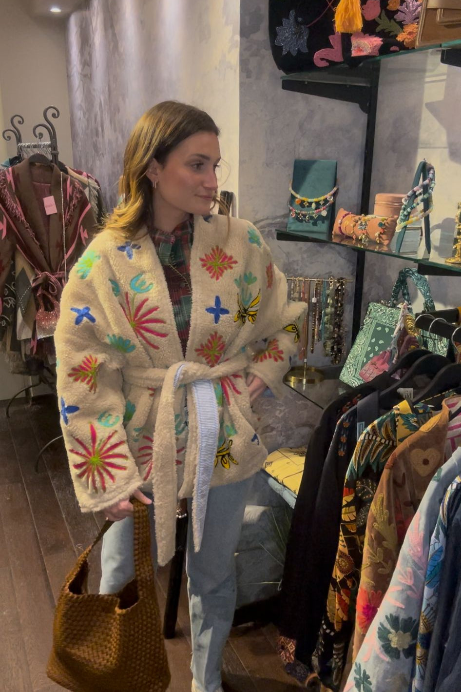 Embroidered shearling-style jacket