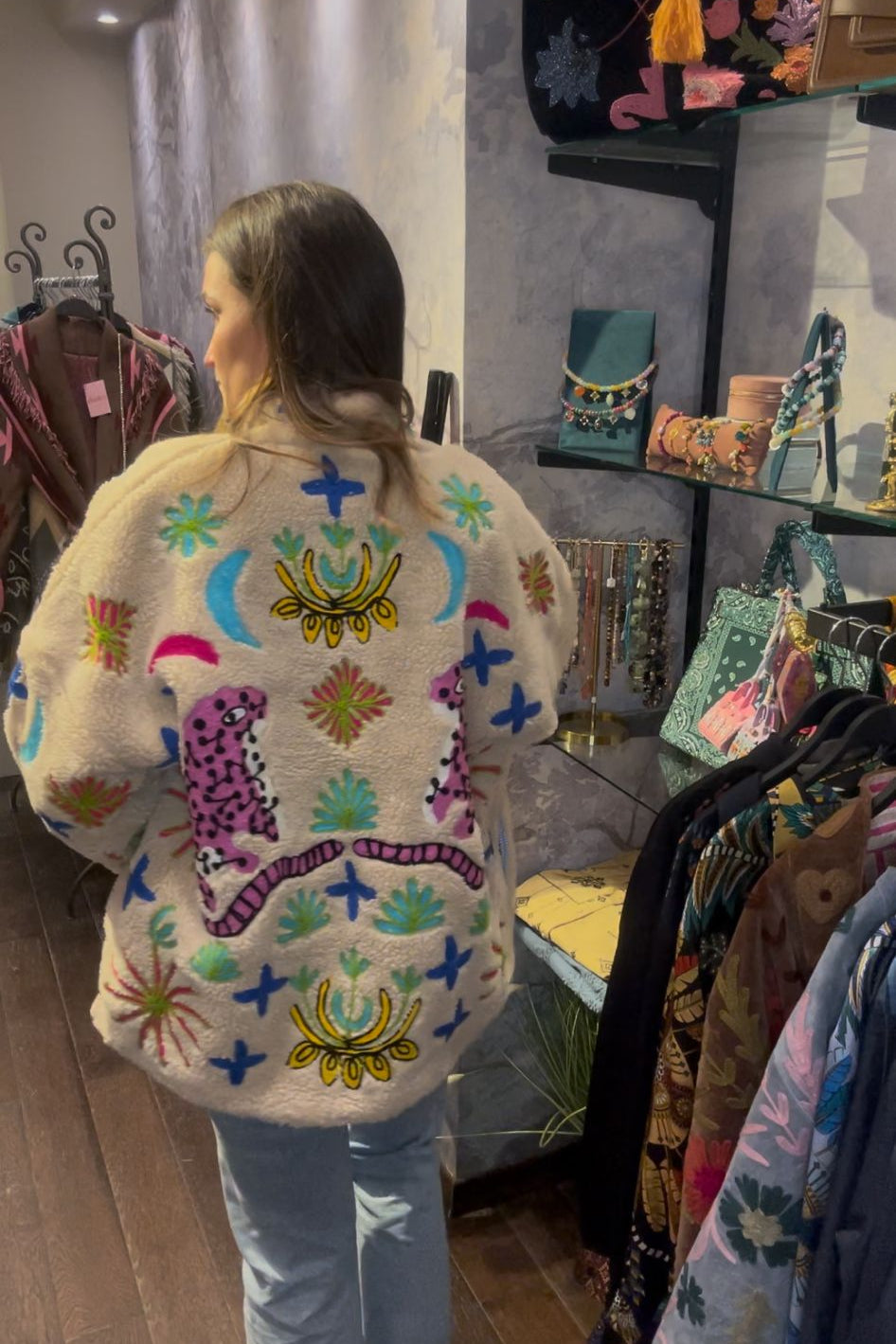 Embroidered shearling-style jacket