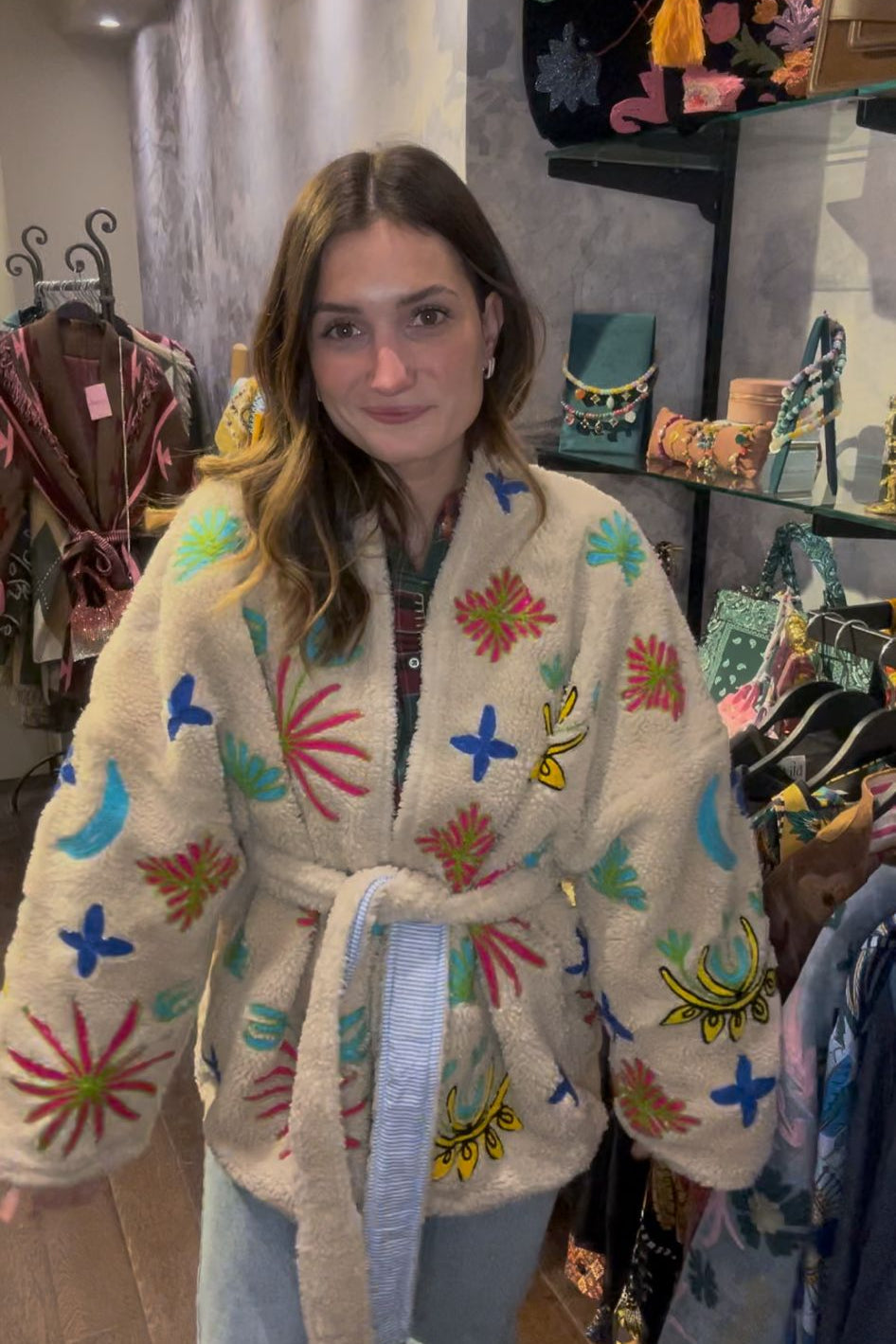 Embroidered shearling-style jacket