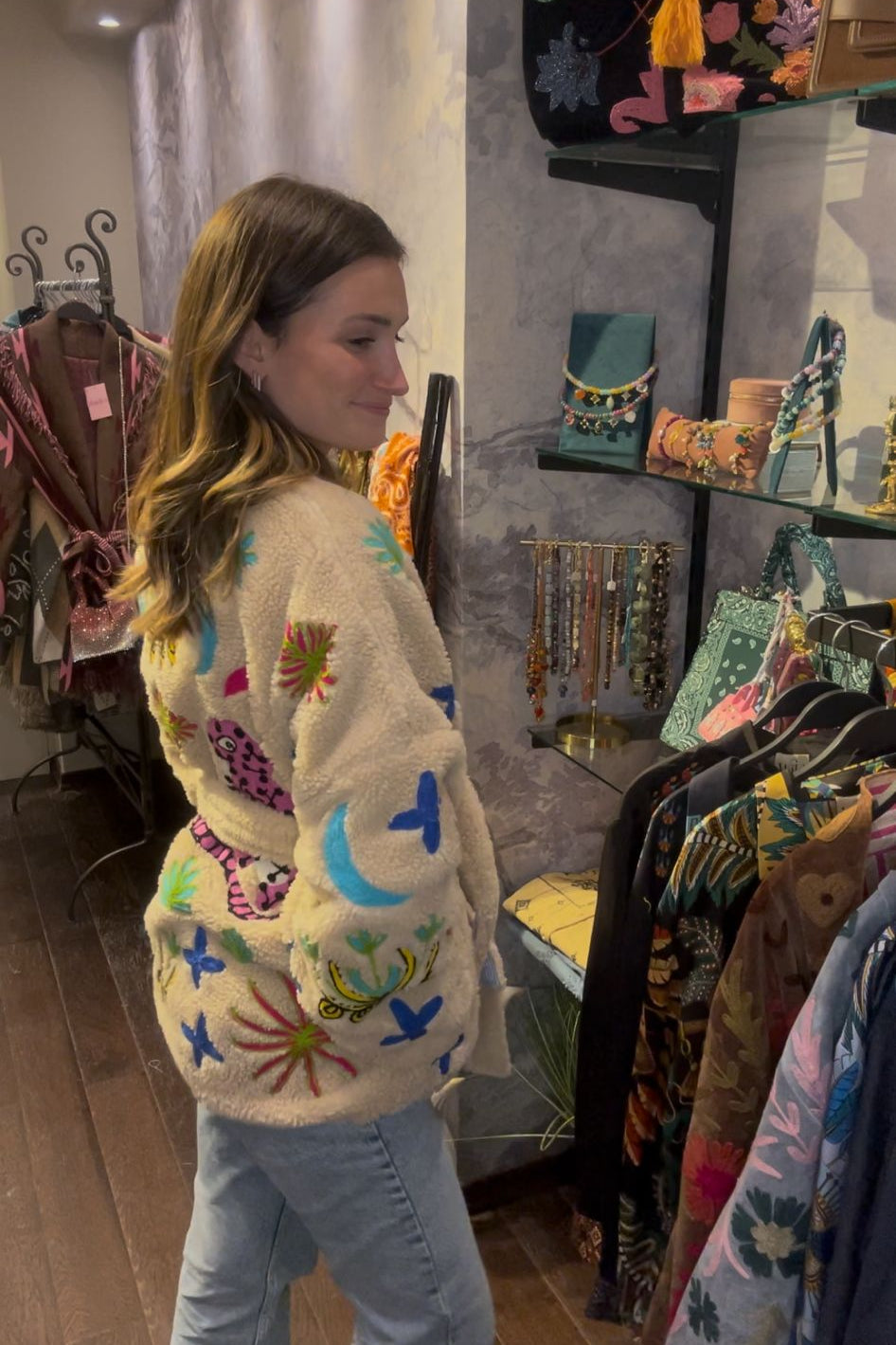 Embroidered shearling-style jacket