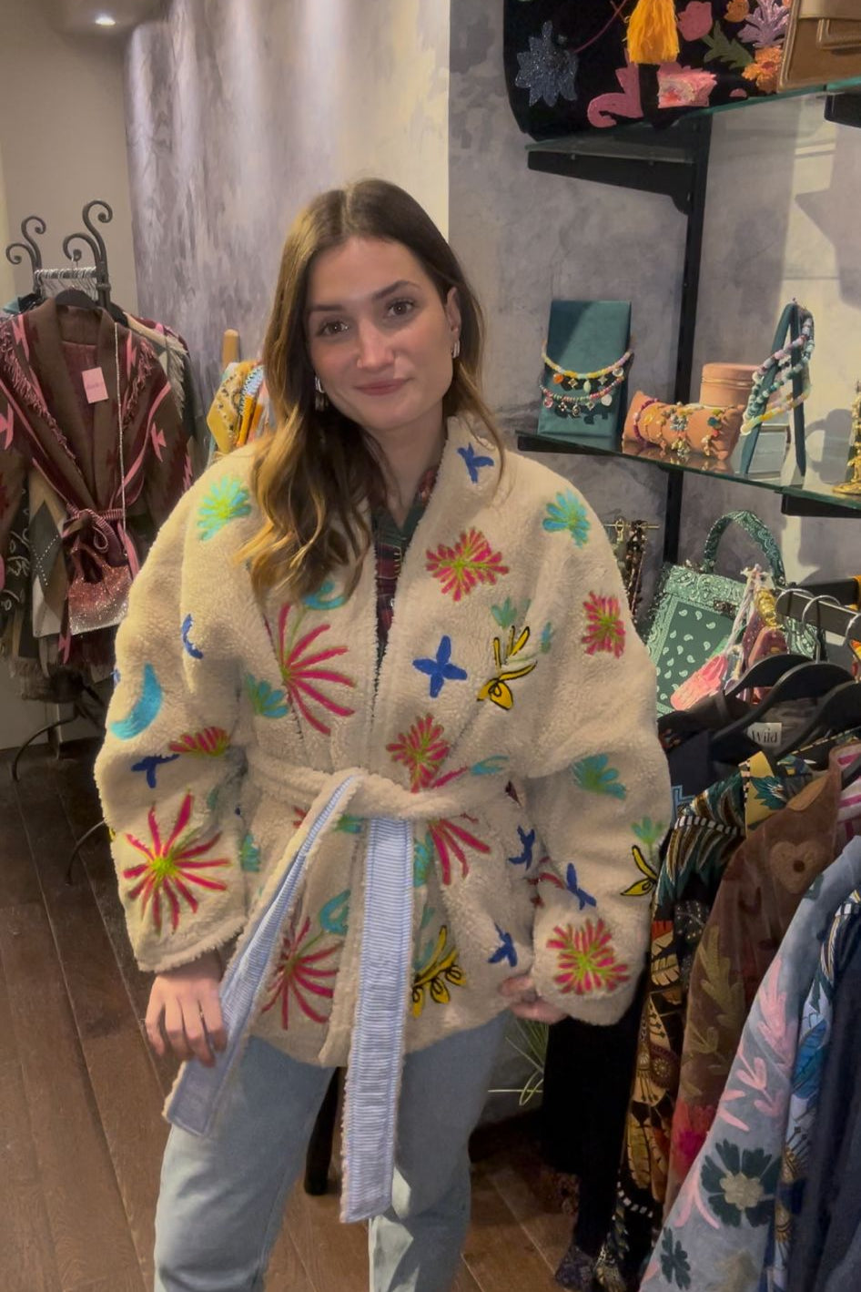 Embroidered shearling-style jacket