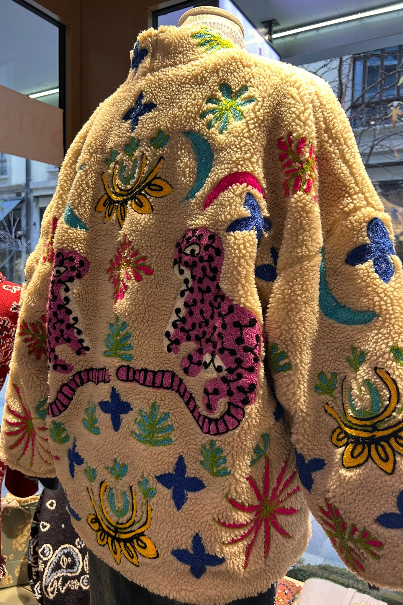 Embroidered shearling-style jacket