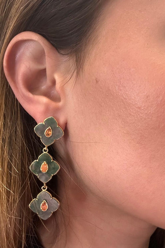 Green Mica & Sea Stone Clover Drop Earrings