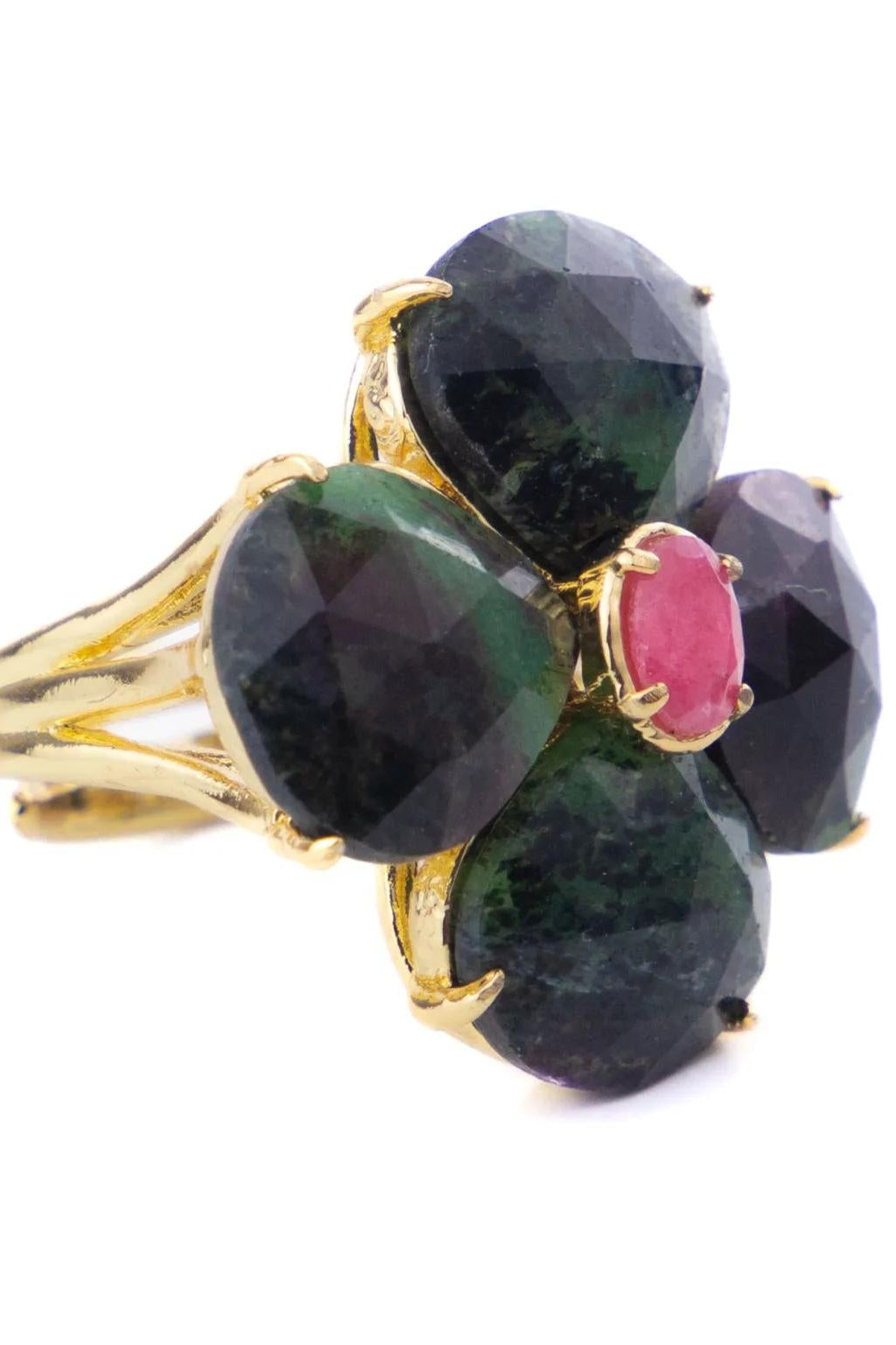 Ruby Zoisite & Rose Quartz Clover Ajustable Ring