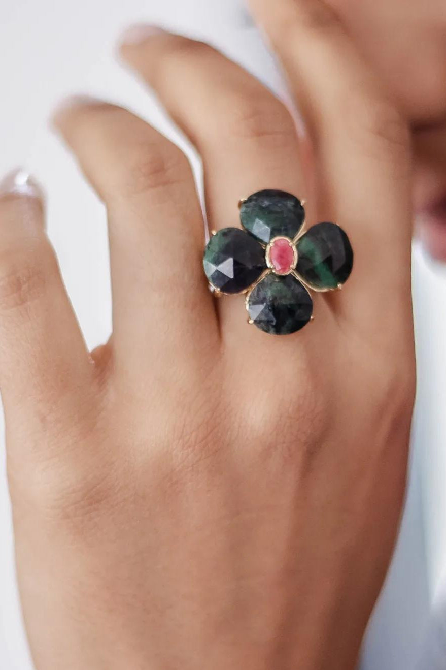 Ruby Zoisite & Rose Quartz Clover Ajustable Ring