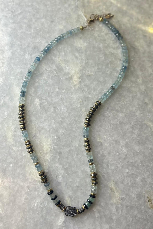 Indila black diamond, acquamarine, pyrites, black spinels necklace - 45 cm