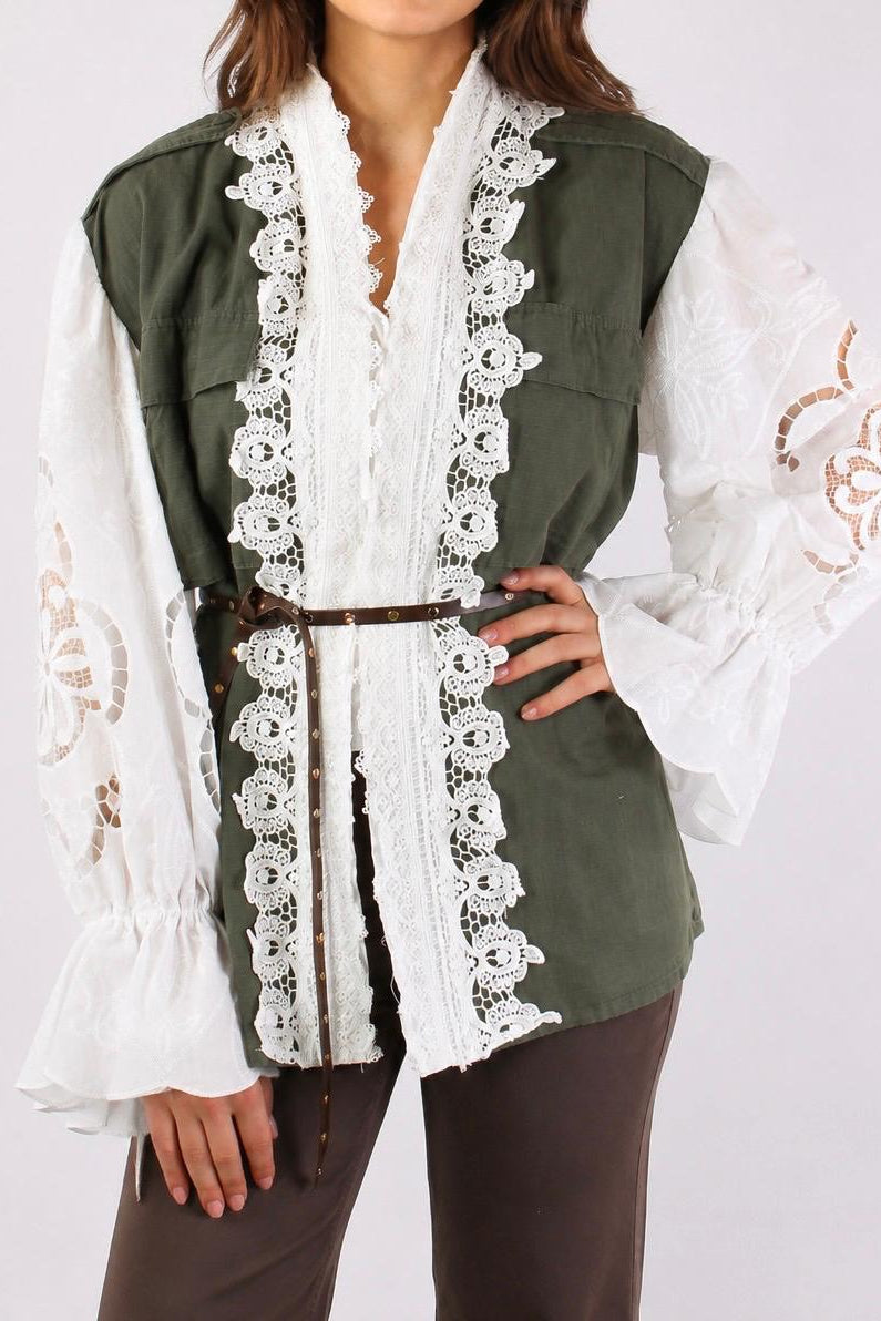 FRONT STREET 8 - Green Embroidered Lace Overshirt