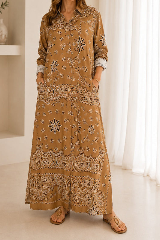 Long Bandana Print Dress - Camel