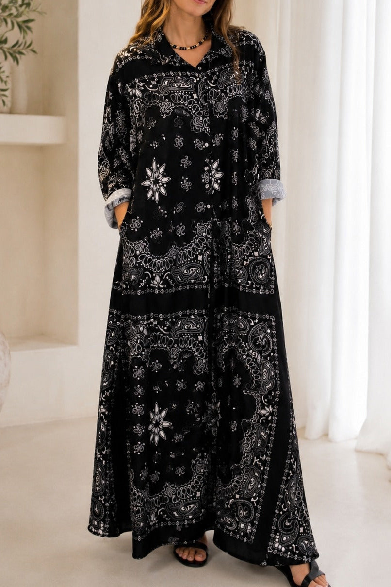 Long Bandana Print Dress - Black