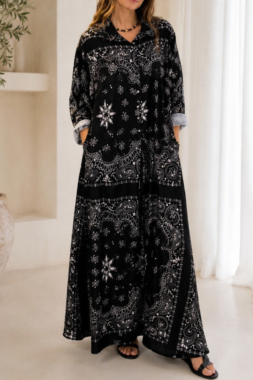 Long Bandana Print Dress - Black