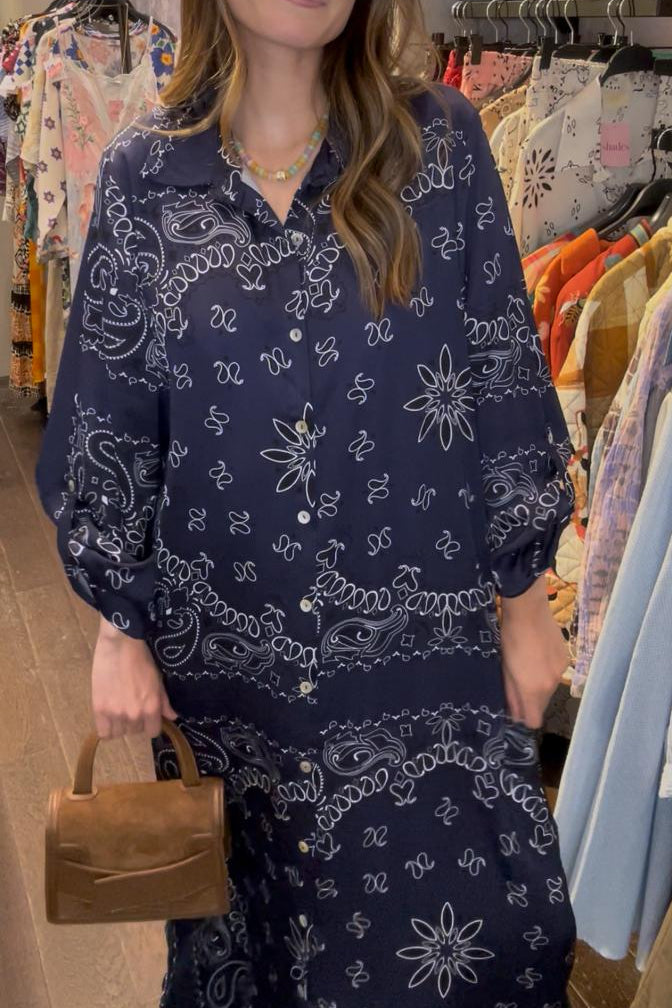 Long Bandana Print Dress - Navy Blue