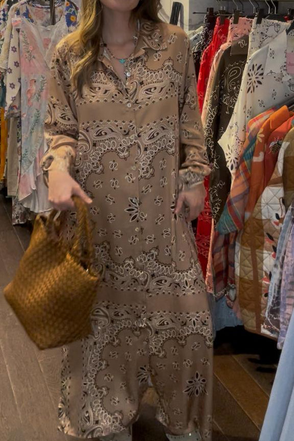 Long Bandana Print Dress - Camel