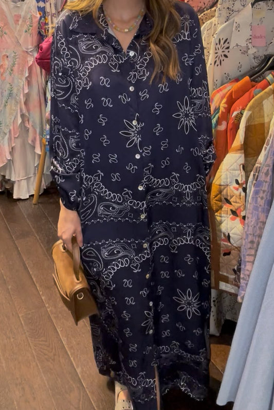 Long Bandana Print Dress - Navy Blue