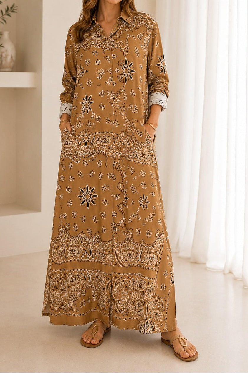 Long Bandana Print Dress - Camel