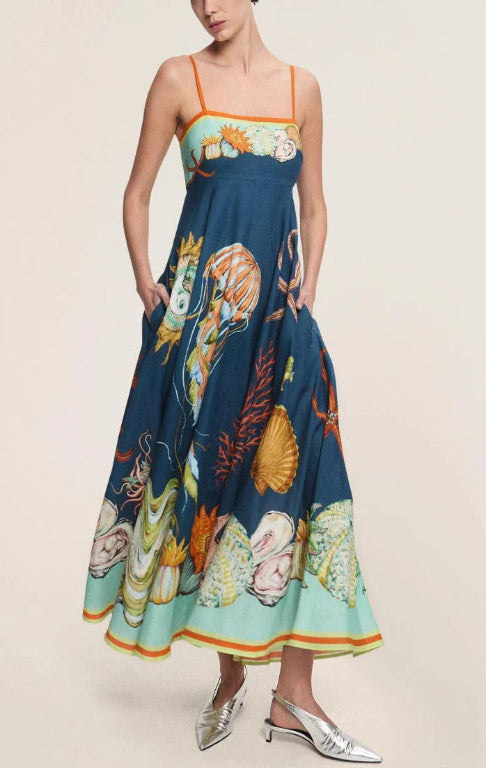 Italian Navy print Flax Maxi Dress - Multi Color